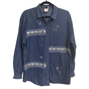 Vintage Denim Button Down Shirt Southwestern Embroidered Blue P Large